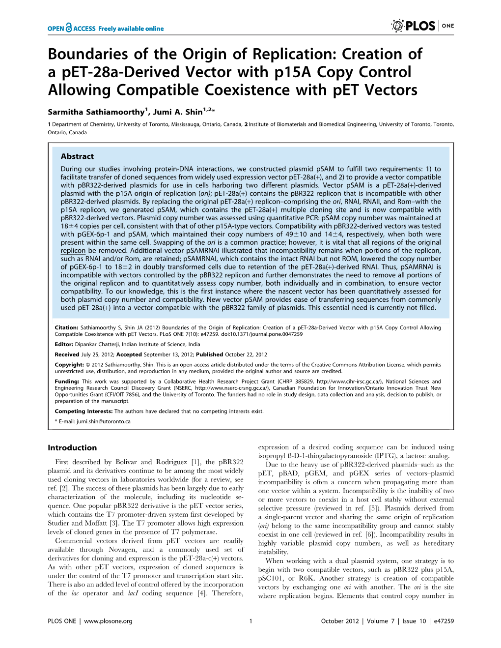 Creation of a Pet-28A-Derived Vector with P15a Copy Control Allowing Compatible Coexistence with Pet Vectors