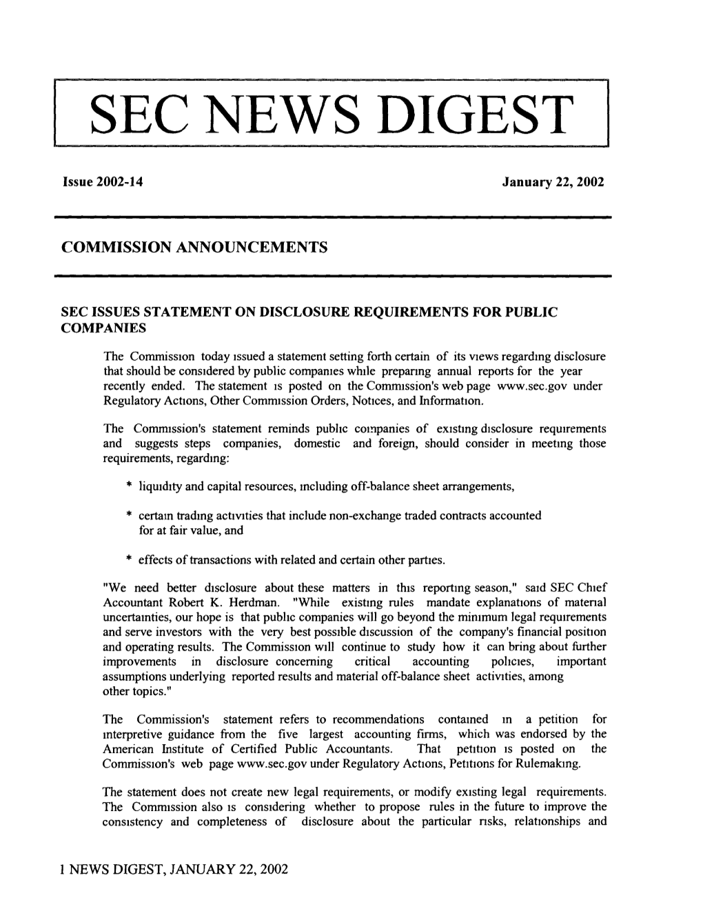SEC News Digest, 01-22-2002