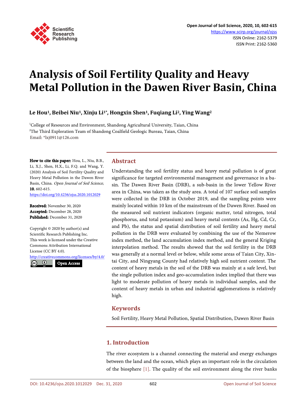 Analysis of Soil Fertility Quality and Heavy Metal Pollution in the Dawen River Basin, China