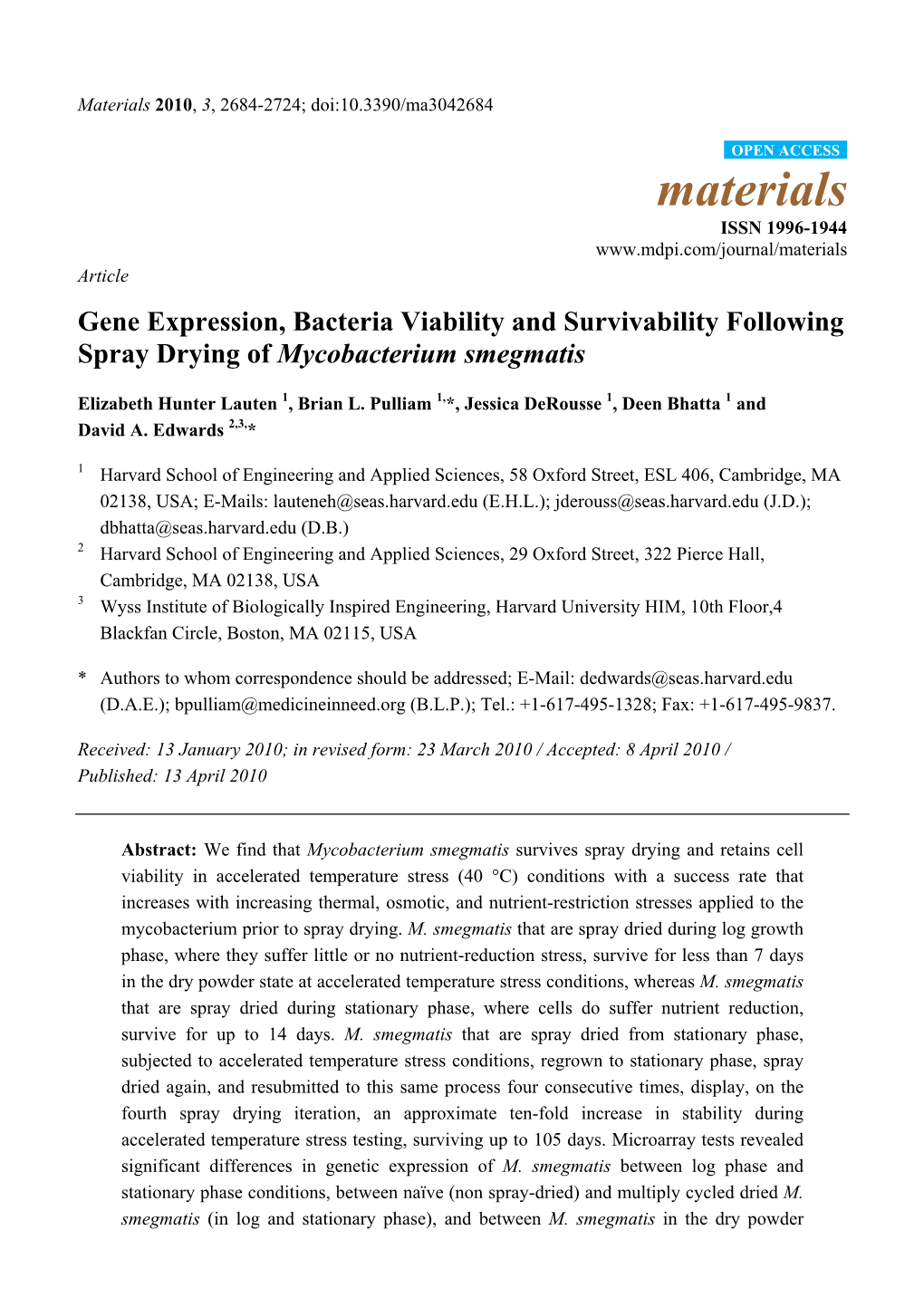 Gene Expression, Bacteria Viability and Survivability Following Spray Drying of Mycobacterium Smegmatis
