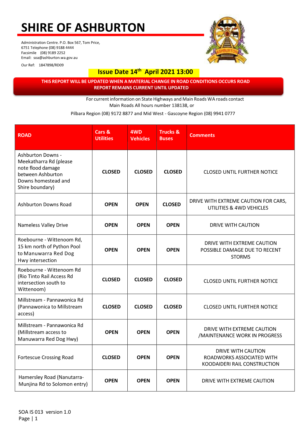 SOA IS 013 Version 1.0 Page | 1 Hamersley Road (Solomon Entry CLOSED OPEN OPEN DRIVE with CAUTION to Rio Rail Access Road)