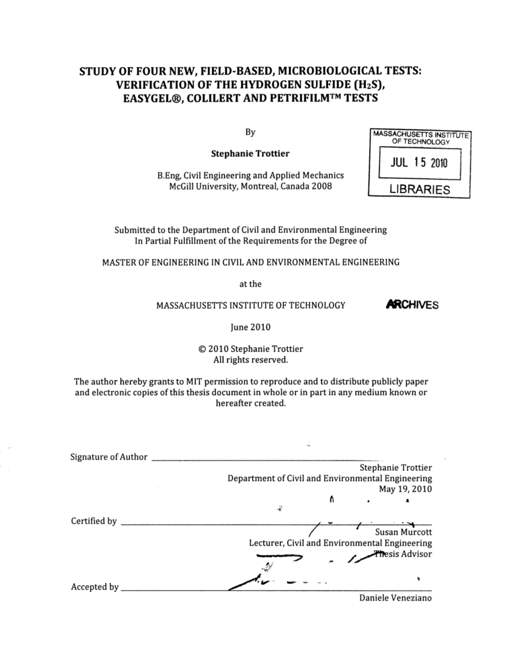 (H2s), Easygel@, Colilert and Petrifilmtm Tests