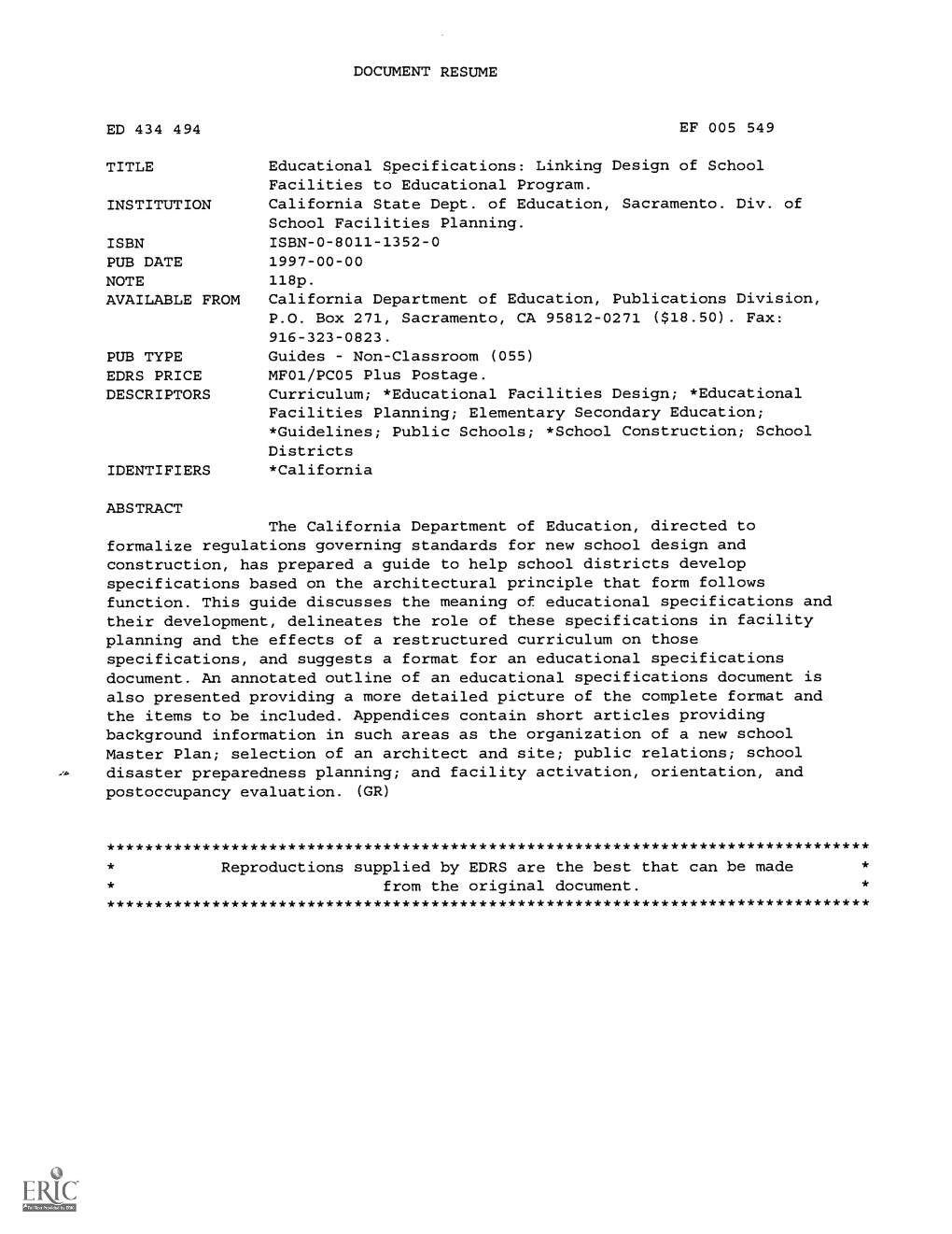 DOCUMENT RESUME Educational Specifications: Linking Design Of