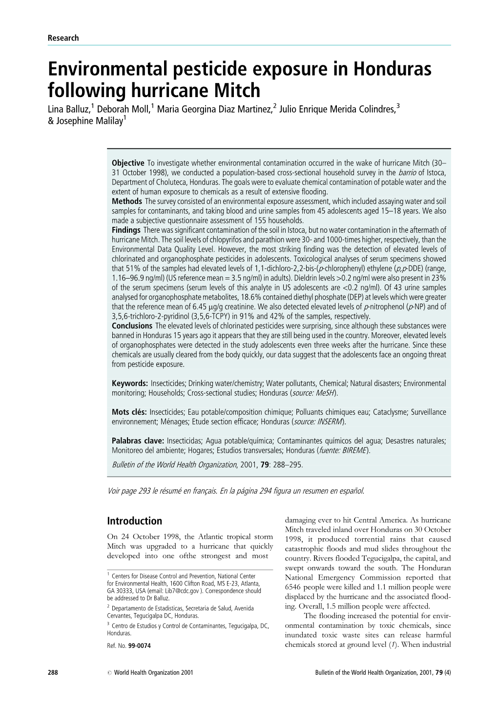 Environmental Pesticide Exposure in Honduras Following Hurricane Mitch