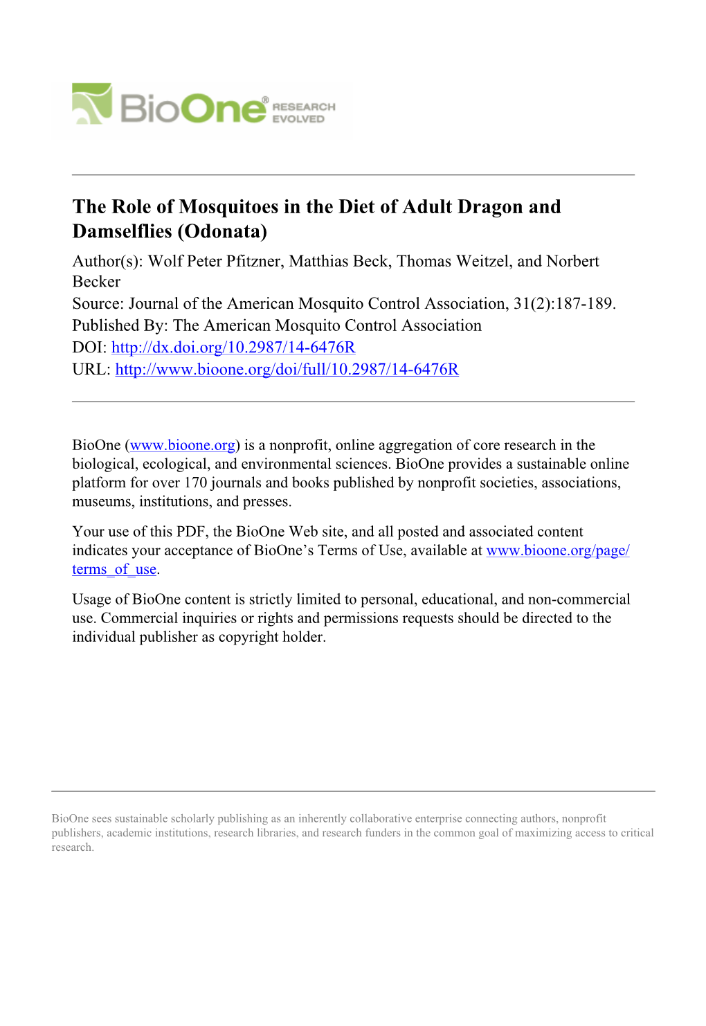 The Role of Mosquitoes in the Diet of Adult Dragon and Damselflies