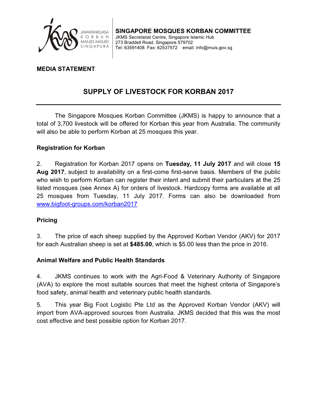 Supply of Livestock for Korban 2017