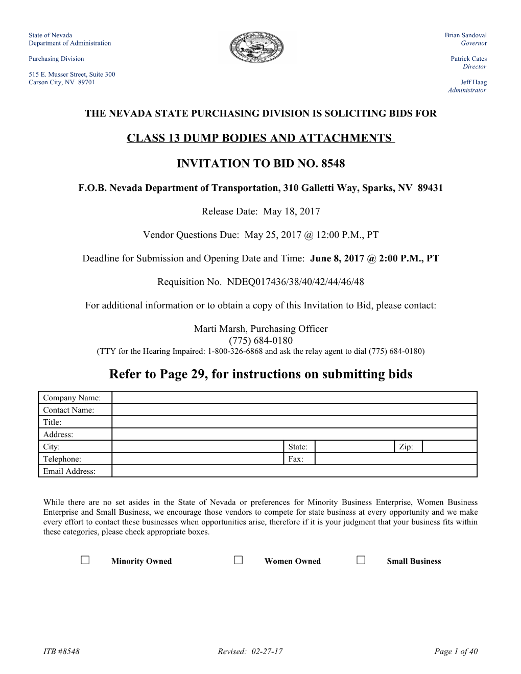 The Nevada State Purchasing Division Is Soliciting Bids For