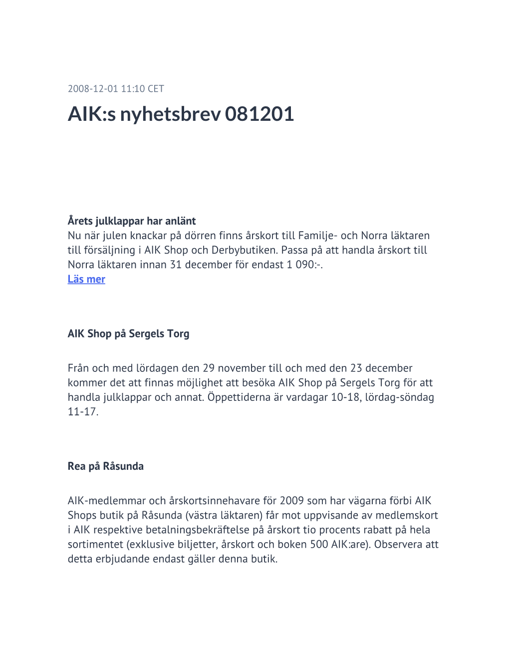 AIK:S Nyhetsbrev 081201