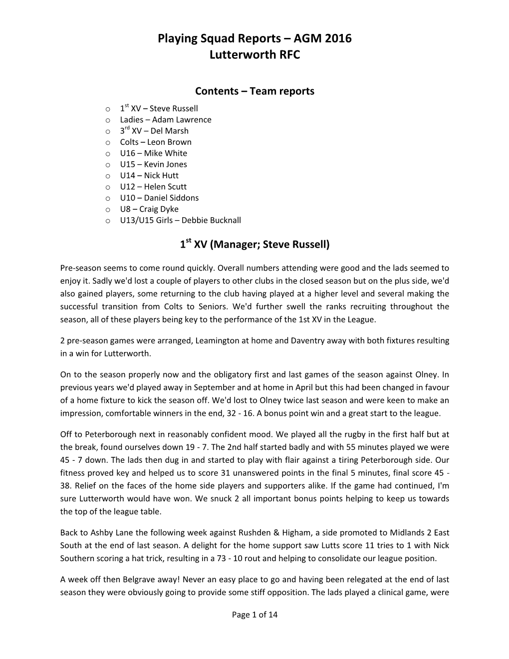 Playing Squad Reports – AGM 2016 Lutterworth RFC