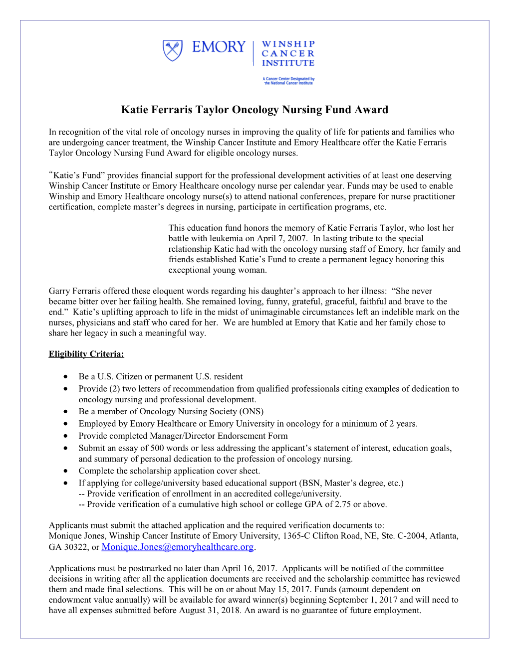 Katie Ferraris Taylor Oncology Nursing Fund Award