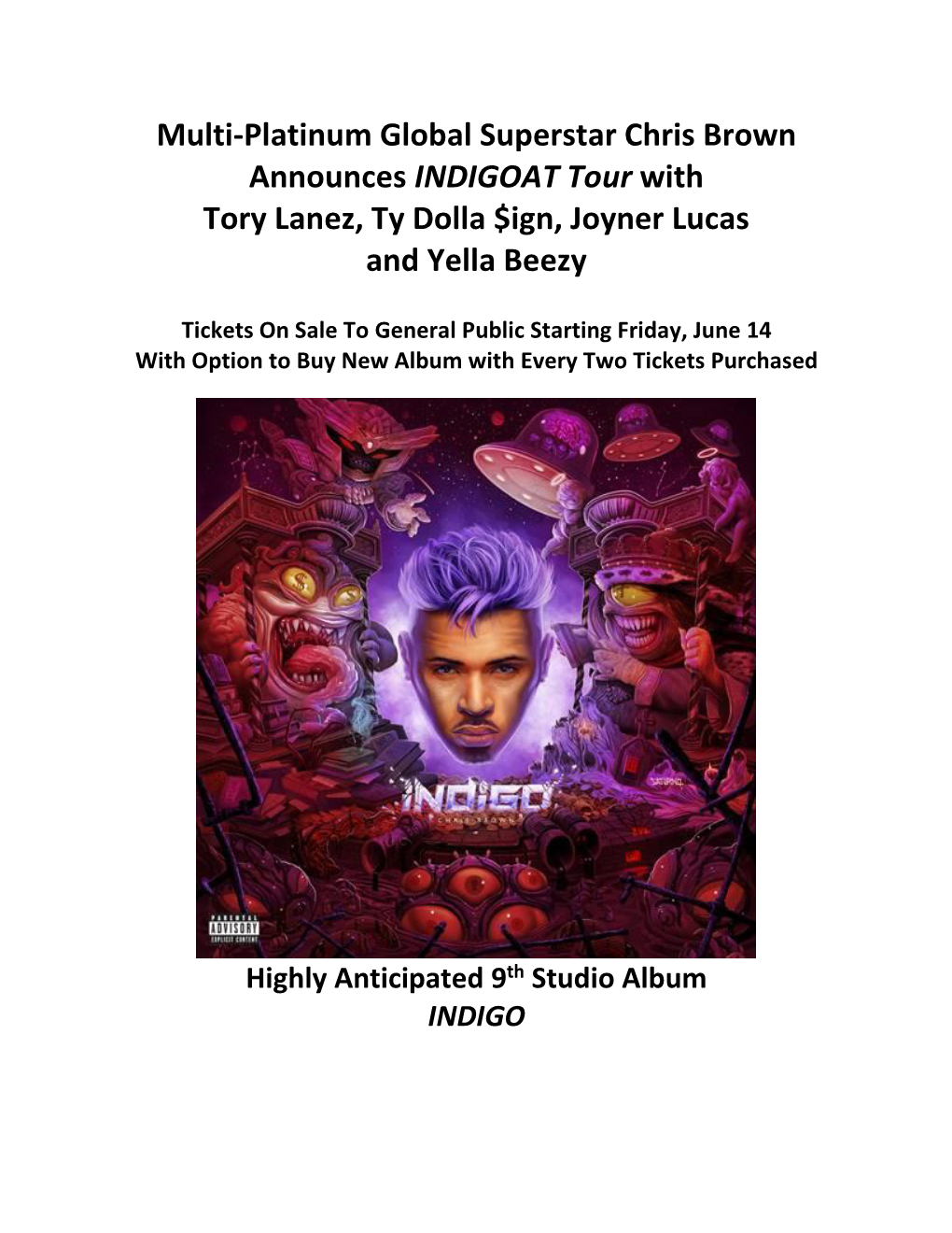 Multi-Platinum Global Superstar Chris Brown Announces INDIGOAT Tour with Tory Lanez, Ty Dolla $Ign, Joyner Lucas and Yella Beezy