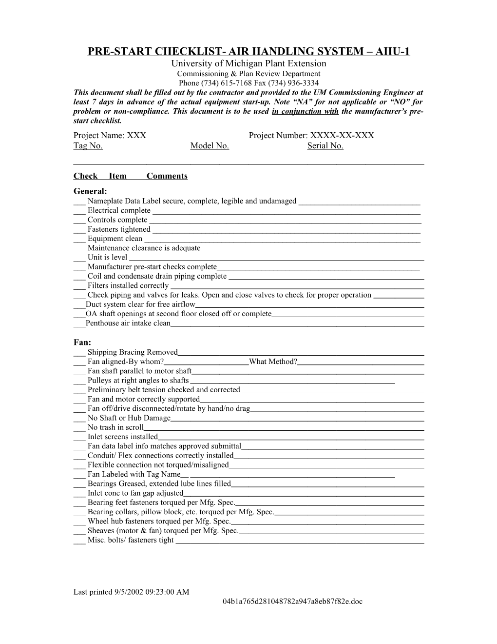 Pre-Start Checklist- Air Handling System Ahu-1