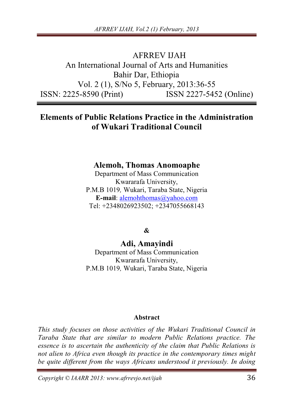 AFRREV IJAH, Vol.2 (1) February, 2013