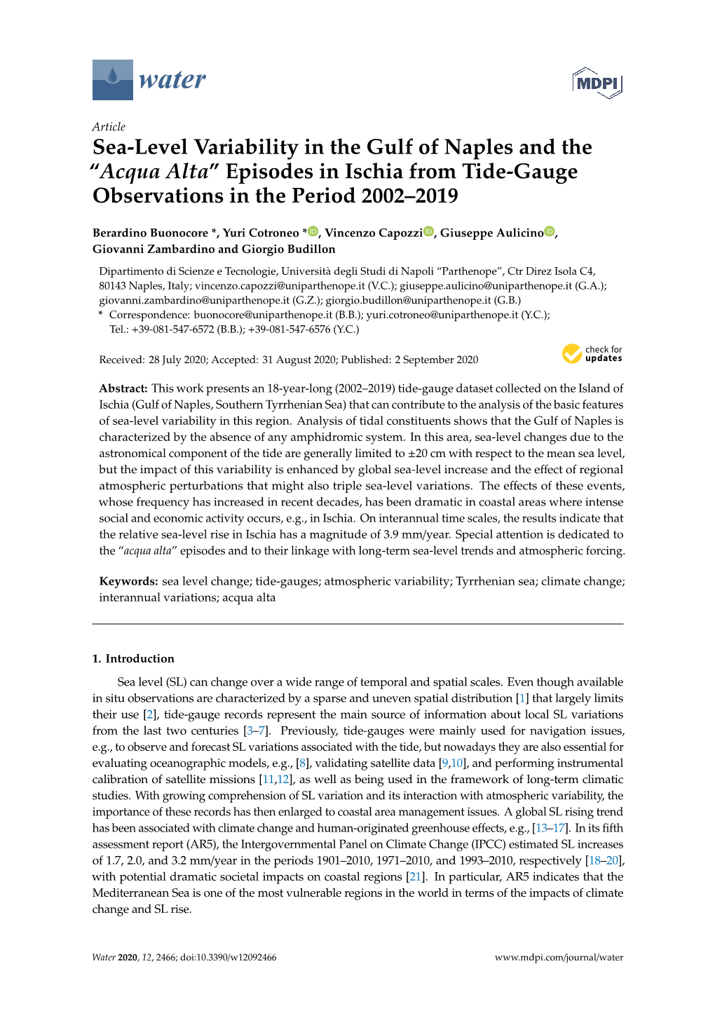 Sea-Level Variability in the Gulf of Naples and the “Acqua Alta” Episodes in Ischia from Tide-Gauge Observations in the Period 2002–2019