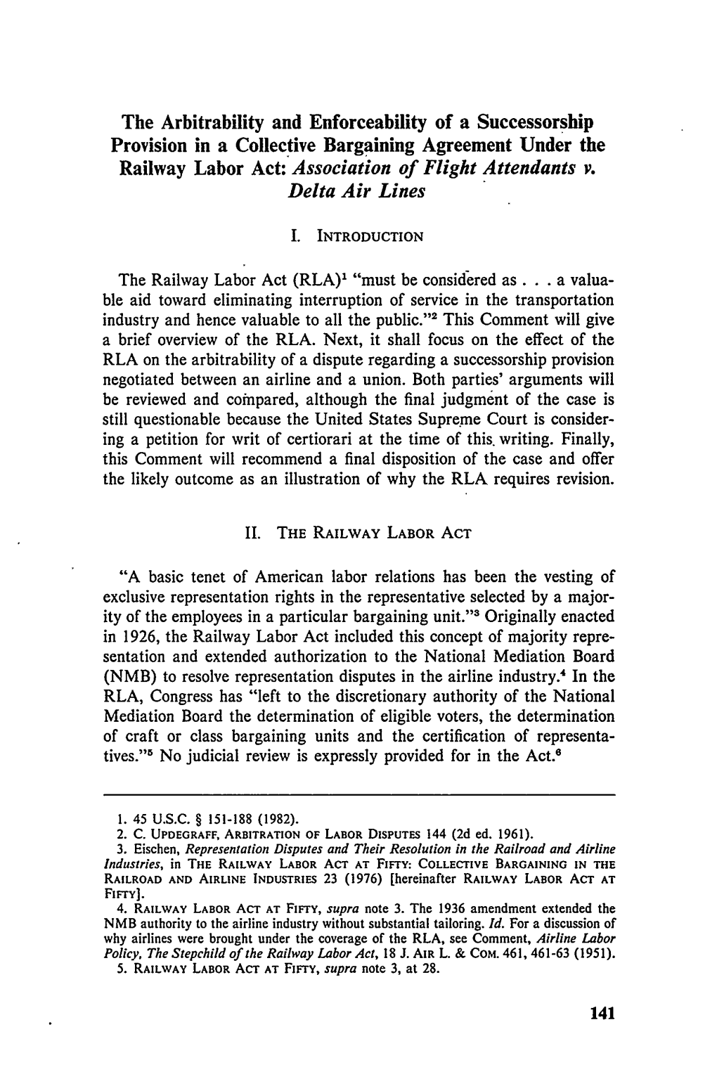 Arbitrability and Enforceability of a Successorship Provision in a Collective Bargaining Agreement Under the Railway Labor Act: Association of Flight Attendants V