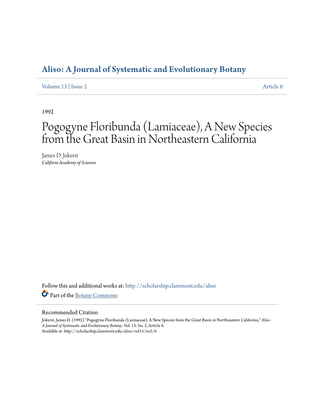 Pogogyne Floribunda (Lamiaceae), a New Species from the Great Basin in Northeastern California James D