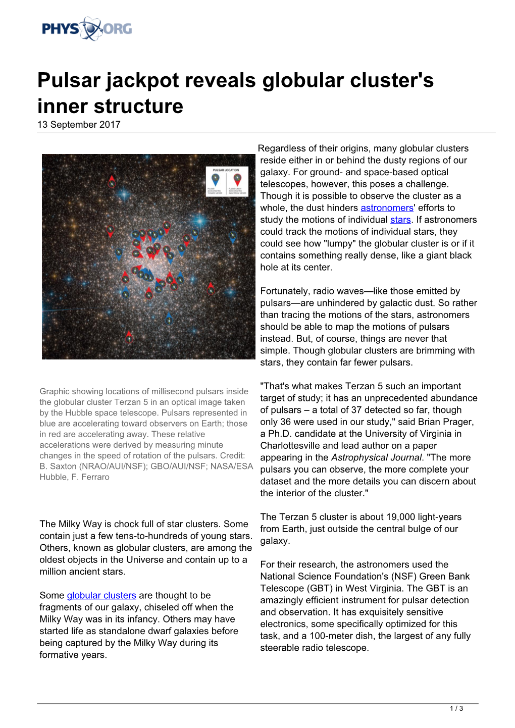 Pulsar Jackpot Reveals Globular Cluster's Inner Structure 13 September 2017