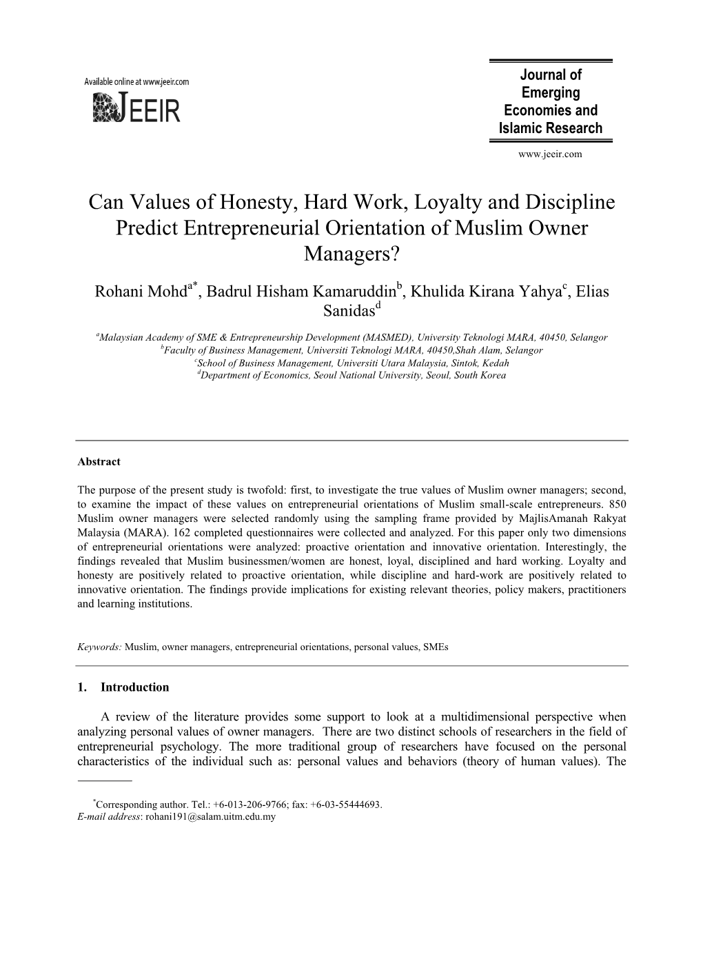 Can Values of Honesty, Hard Work, Loyalty and Discipline Predict Entrepreneurial Orientation of Muslim Owner Managers?