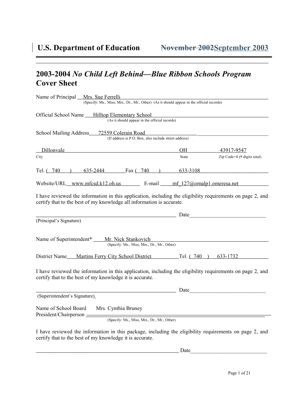 Hilltop Elementary School 2004 No Child Left Behind-Blue Ribbon School Application (Msword)