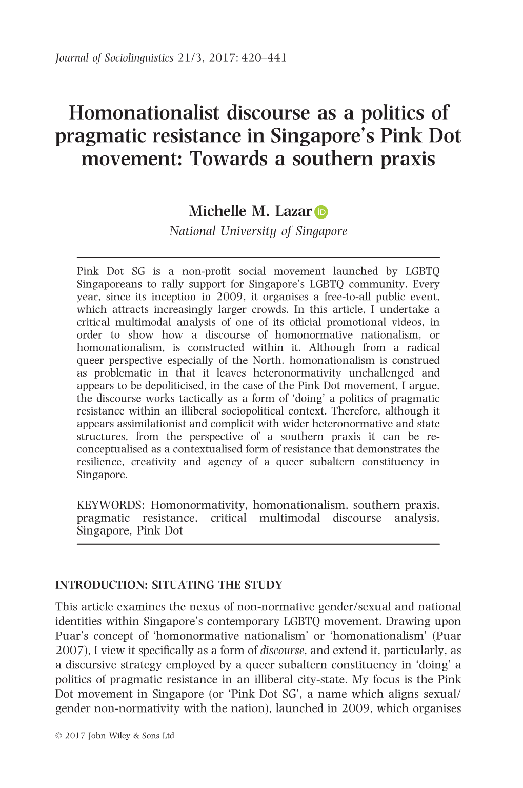 Homonationalist Discourse As a Politics of Pragmatic Resistance in Singapore’S Pink Dot Movement: Towards a Southern Praxis