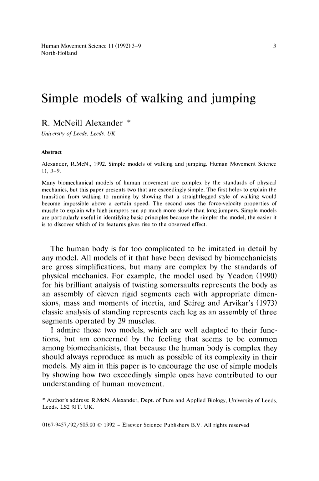 Simple Models of Walking and Jumping