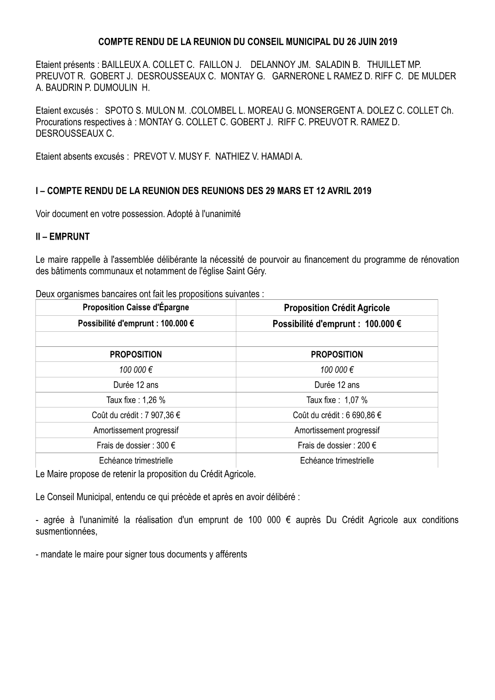 Compte Rendu De La Reunion Du Conseil Municipal Du 26 Juin 2019