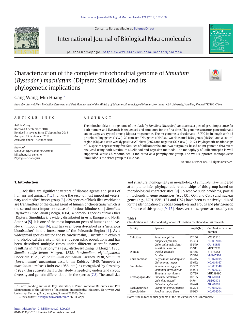 Characterization of the Complete Mitochondrial Genome of Simulium (Byssodon) Maculatum (Diptera: Simuliidae) and Its Phylogenetic Implications