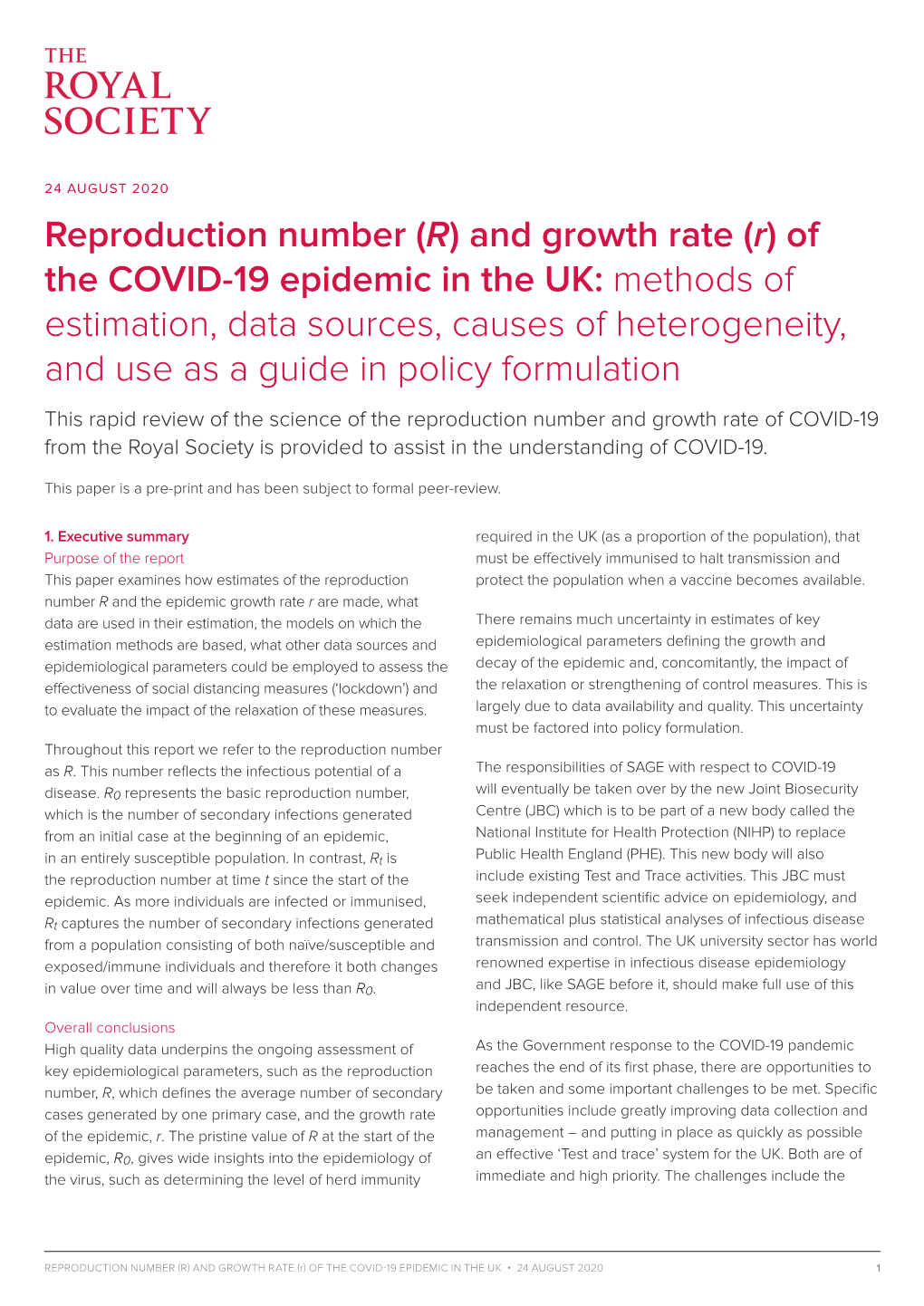 Reproduction Number (R) and Growth Rate (R) of the COVID-19 Epidemic In