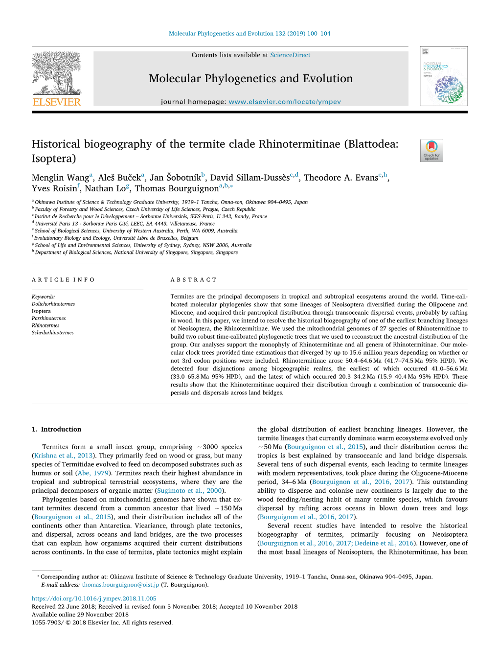 Historical Biogeography of the Termite Clade Rhinotermitinae (Blattodea
