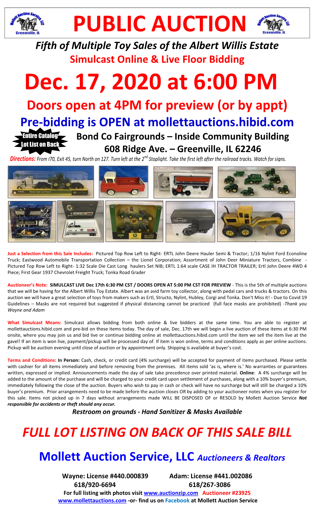 PUBLIC AUCTION Fifth of Multiple Toy Sales of the Albert Willis Estate Simulcast Online & Live Floor Bidding Dec