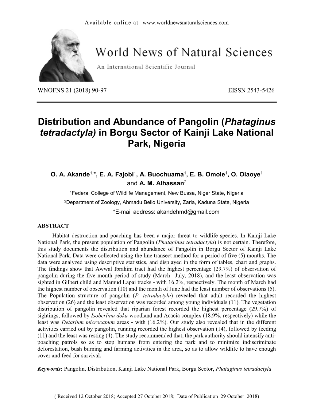 Distribution and Abundance of Pangolin (Phataginus Tetradactyla) in Borgu Sector of Kainji Lake National Park, Nigeria