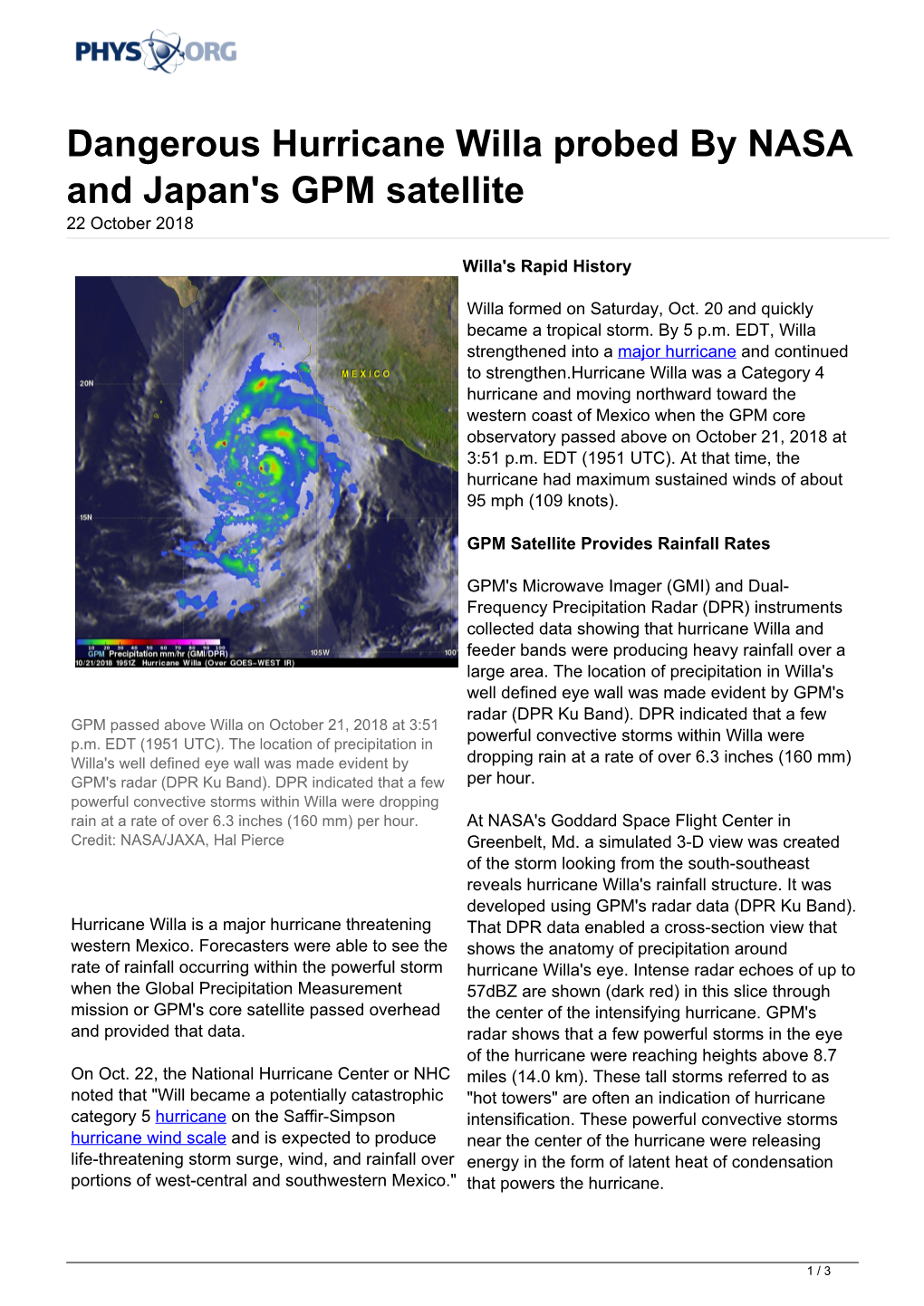 Dangerous Hurricane Willa Probed by NASA and Japan's GPM Satellite 22 October 2018
