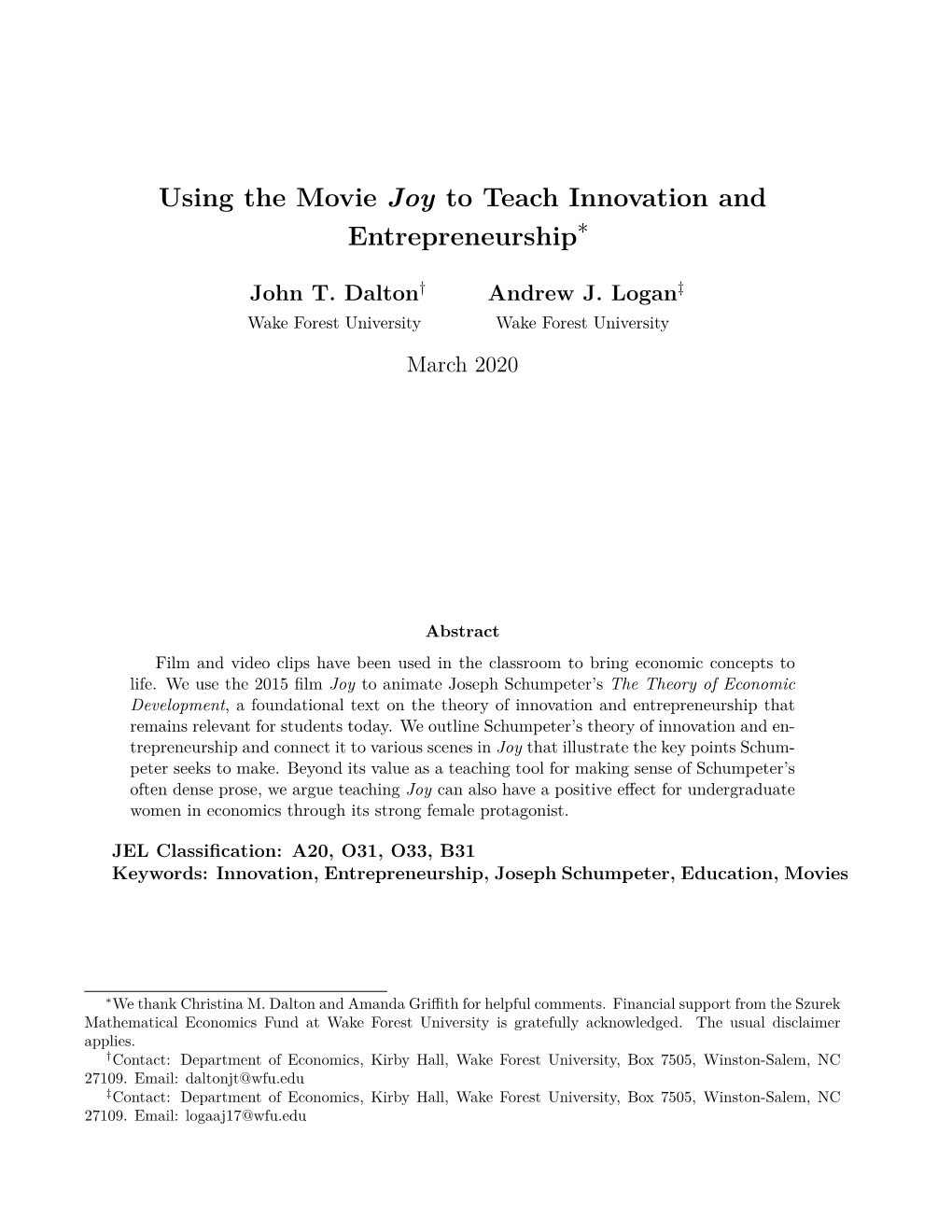 Using the Movie Joy to Teach Innovation and Entrepreneurship∗