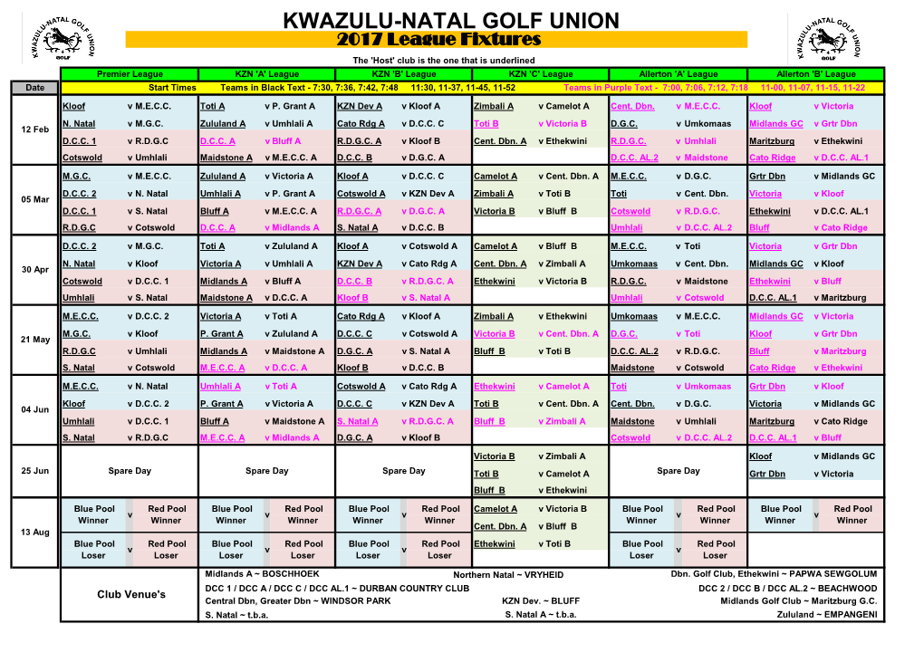 KWAZULU-NATAL GOLF UNION 2017 League Fixtures