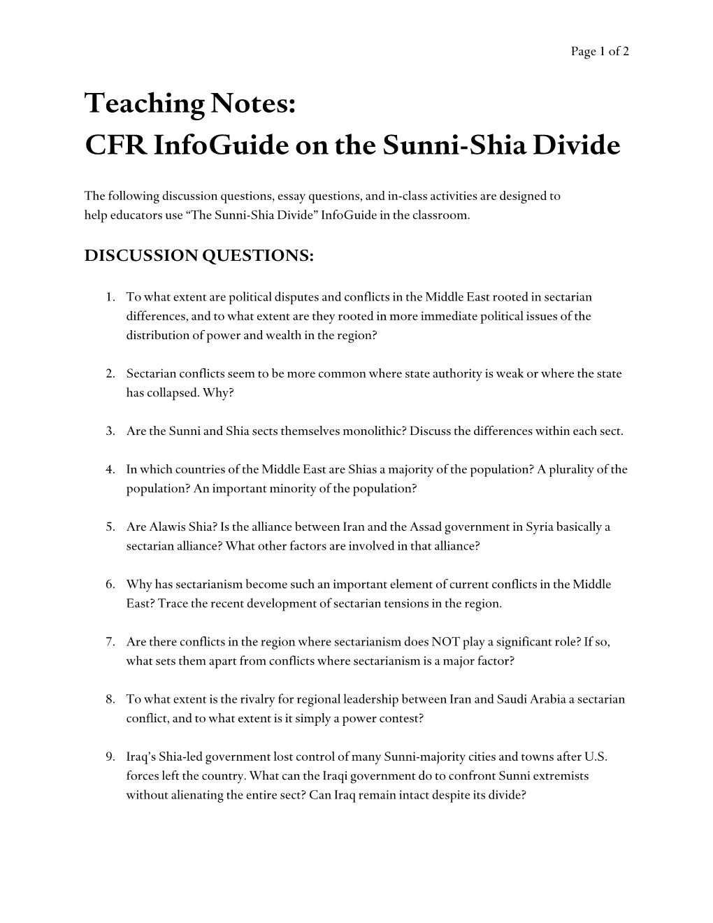 Teaching Notes: CFR Infoguide on the Sunni-Shia Divide