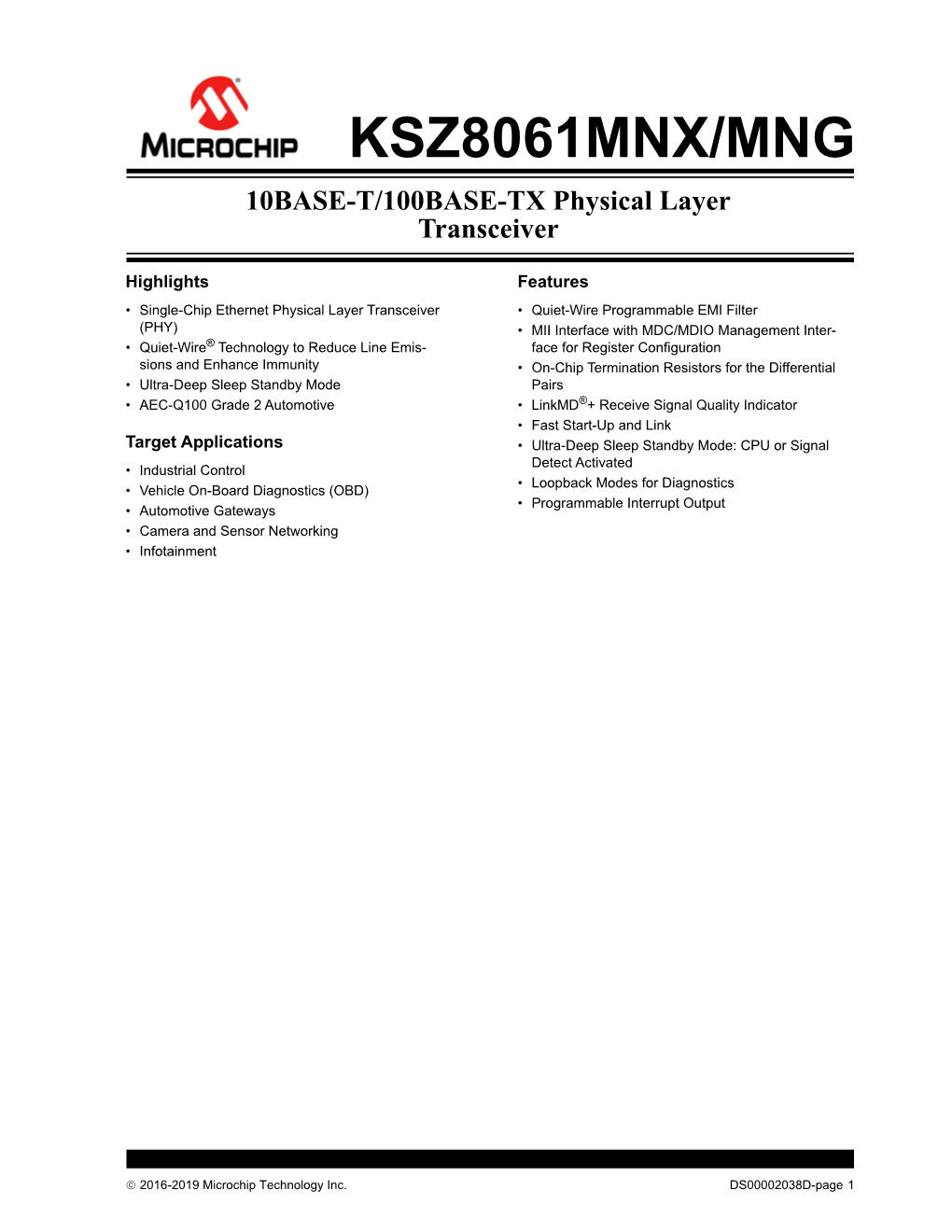 KSZ8061MNX/MNG 10BASE-T/100 BASE-TX Physical Layer Transceiver