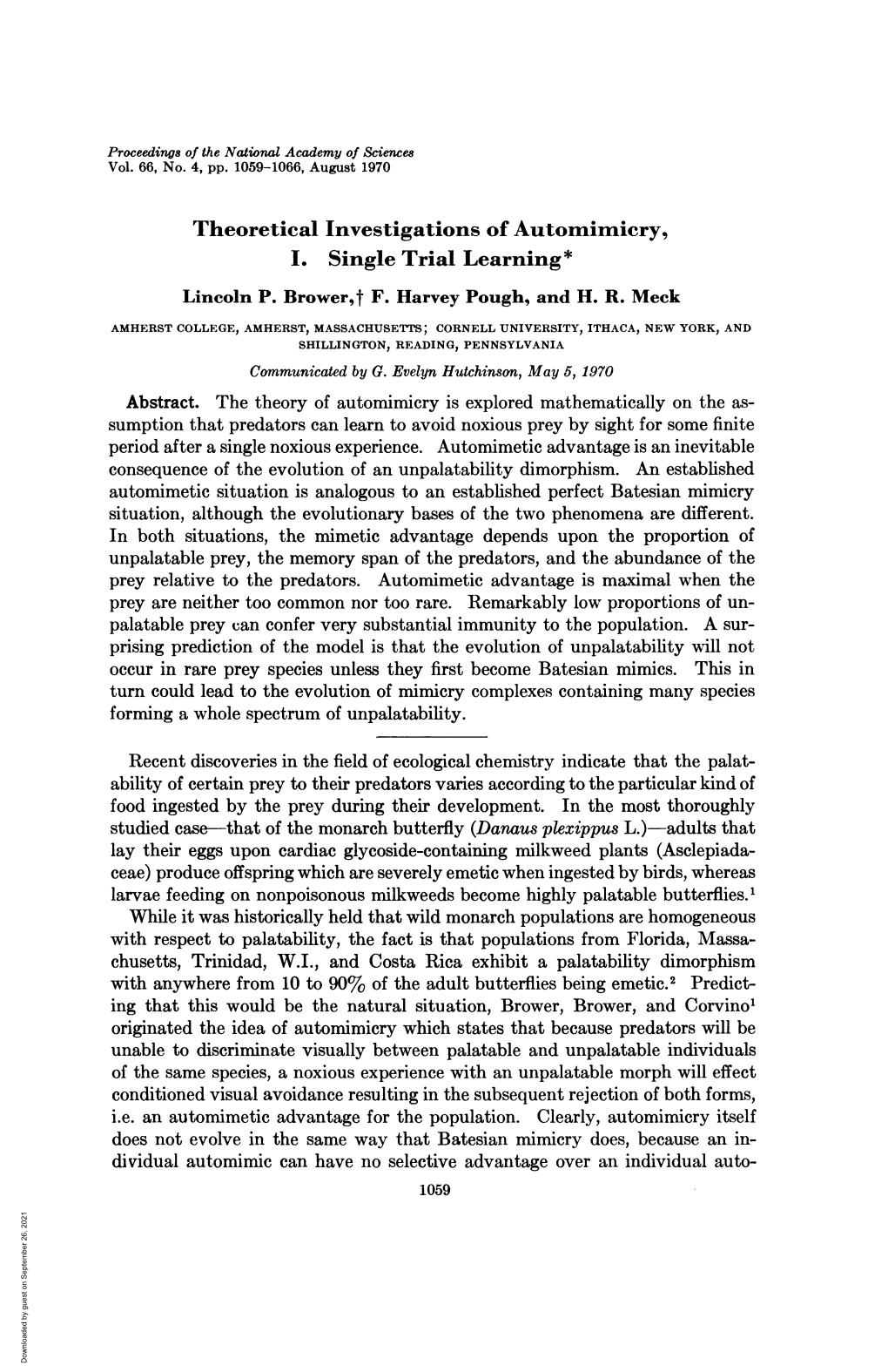 Theoretical Investigations of Automimicry, I. Single Trial Learning* Lincoln P