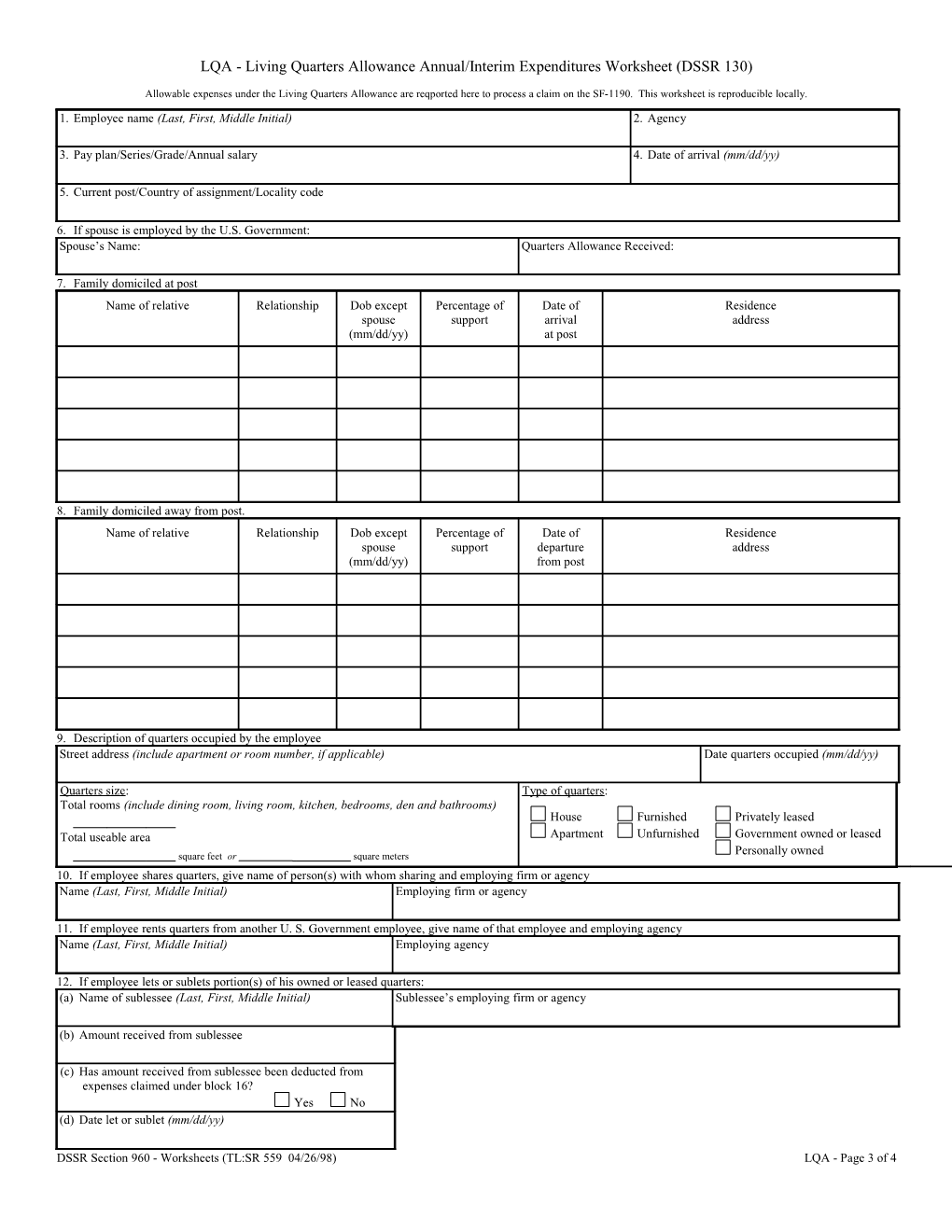 LQA - Living Quarters Allowance Annual/Interim Expenditures Worksheet (DSSR 130)