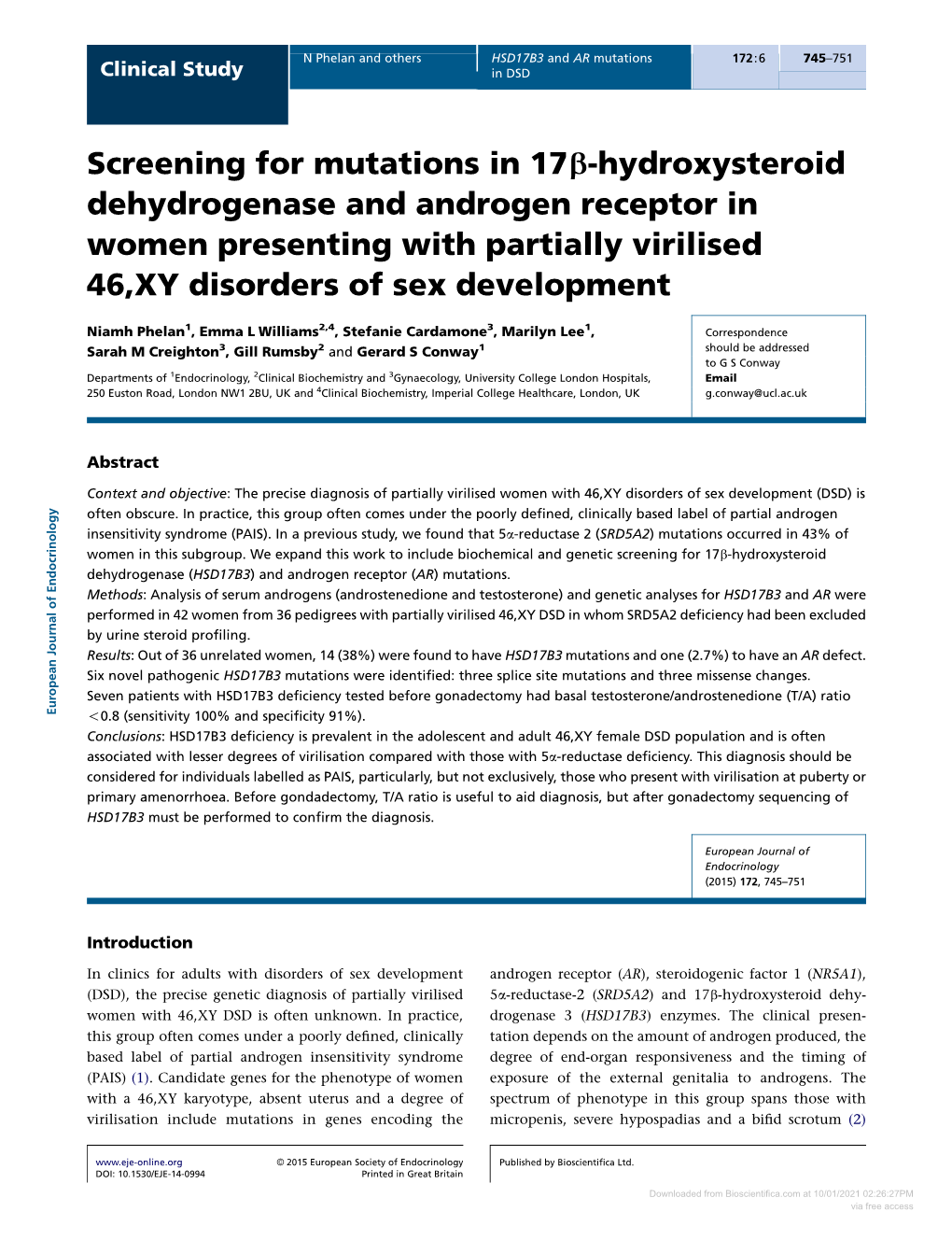 Screening for Mutations in 17B-Hydroxysteroid Dehydrogenase and Androgen Receptor in Women Presenting with Partially Virilised 46,XY Disorders of Sex Development