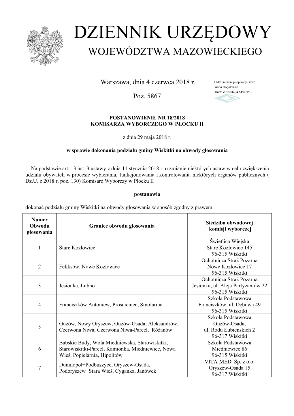 Postanowienie Nr 18/2018 Z Dnia 29 Maja 2018 R