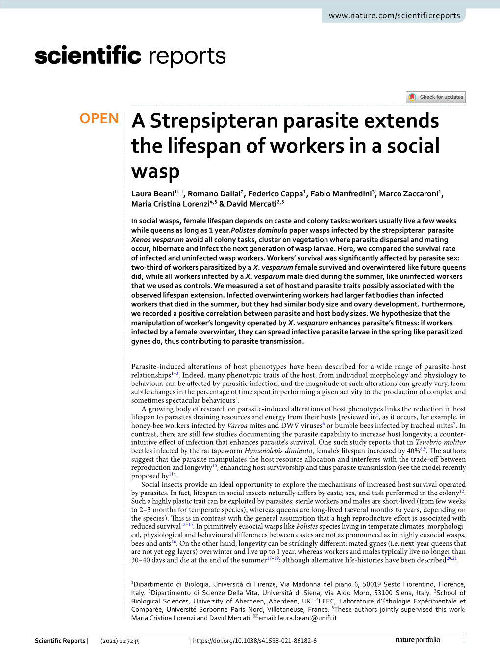 A Strepsipteran Parasite Extends the Lifespan of Workers in a Social Wasp