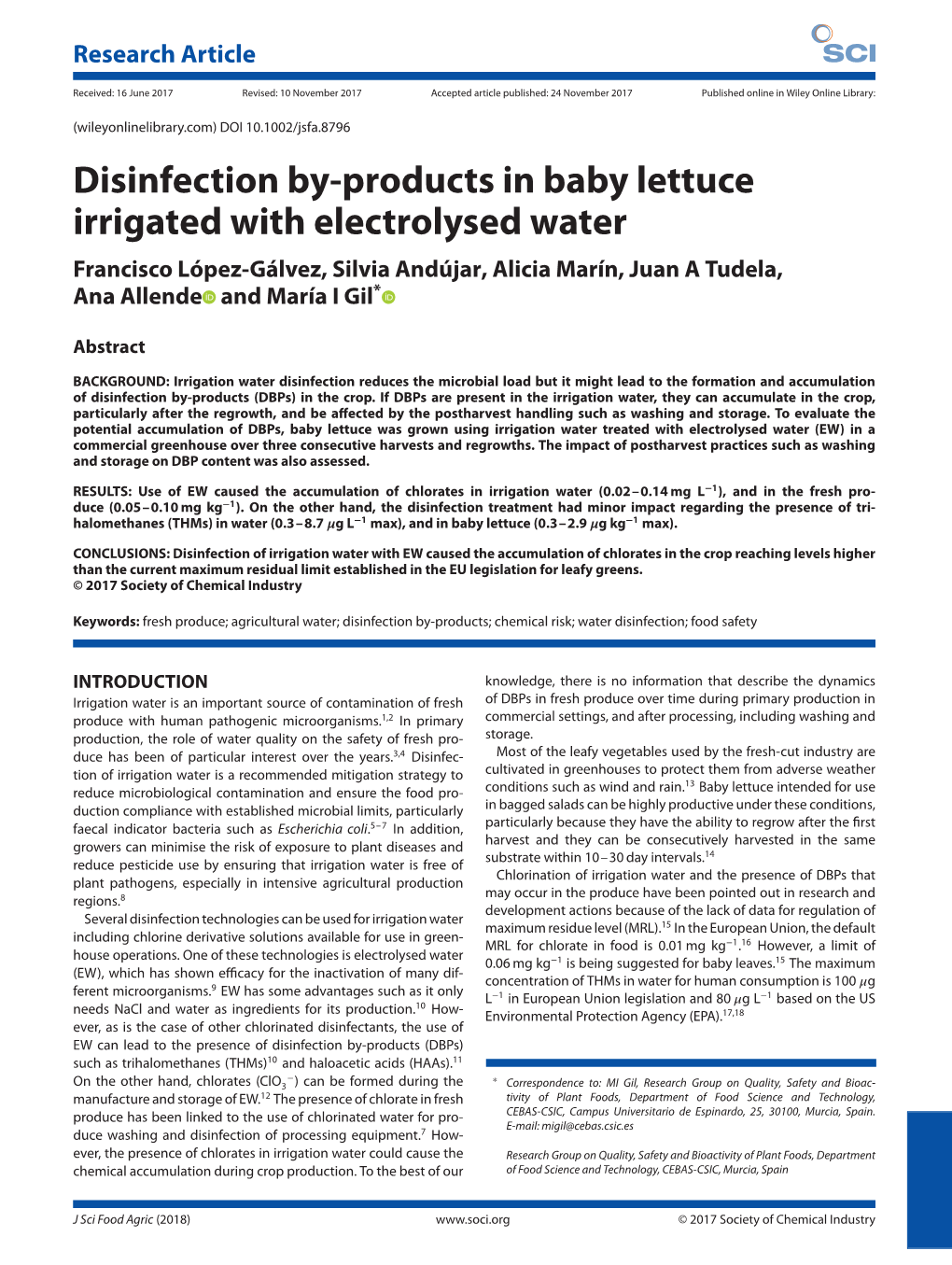Disinfection By-Products in Baby Lettuce Irrigated with Electrolyzed Water