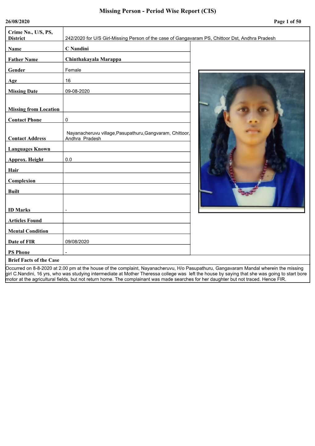Missing Person - Period Wise Report (CIS) 26/08/2020 Page 1 of 50
