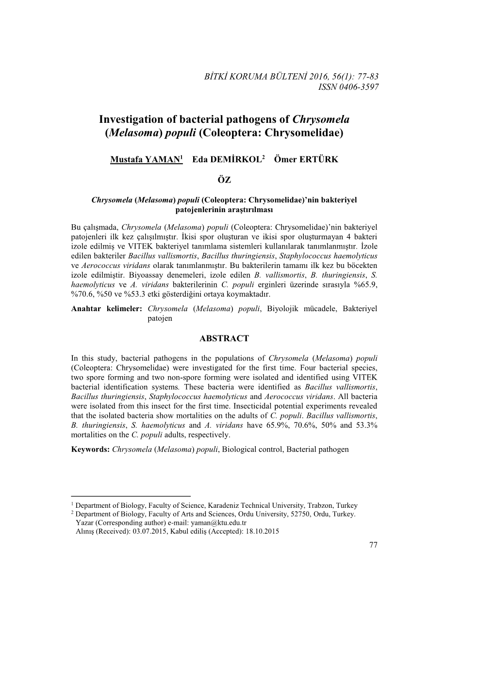 Investigation of Bacterial Pathogens of Chrysomela (Melasoma) Populi (Coleoptera: Chrysomelidae)