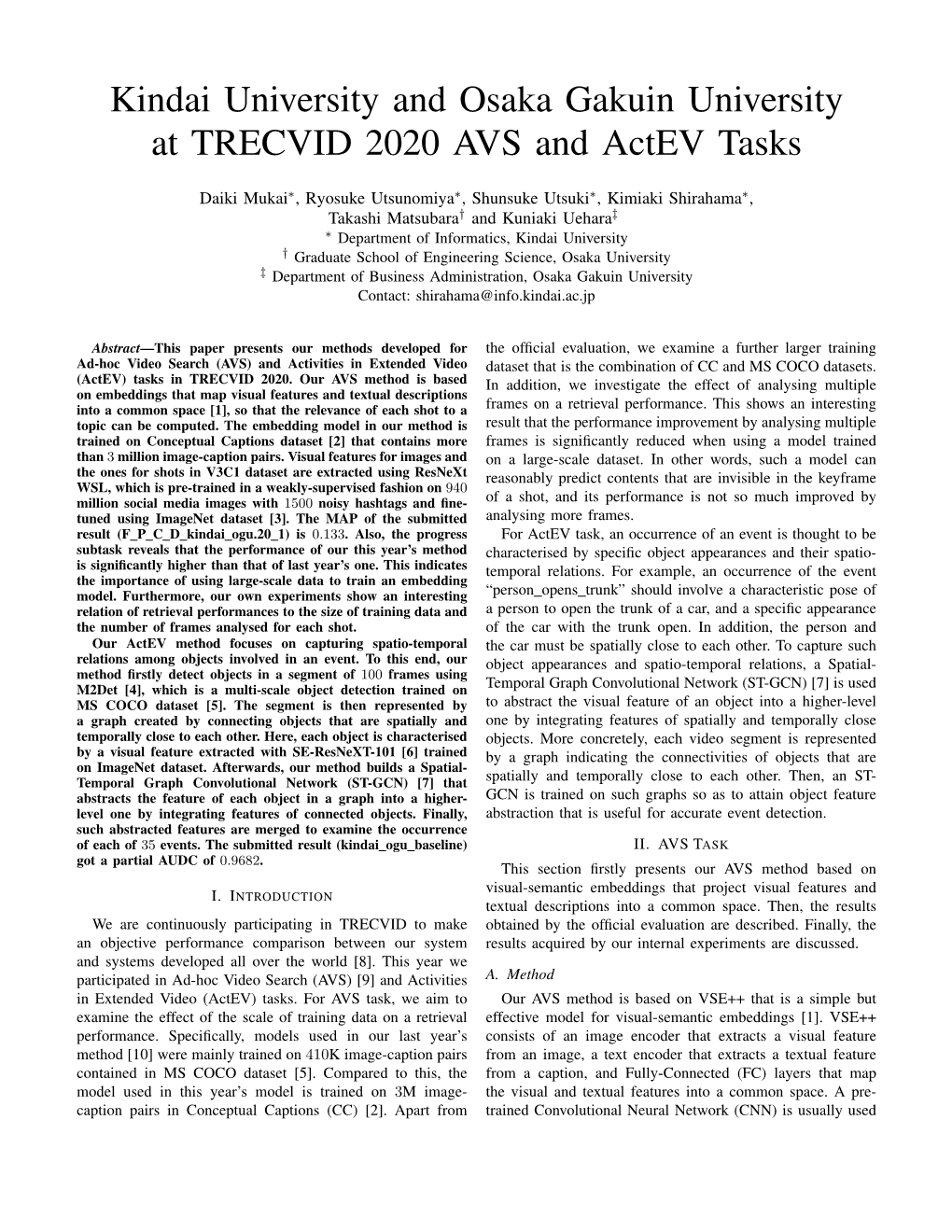 Kindai University and Osaka Gakuin University at TRECVID 2020 AVS and Actev Tasks