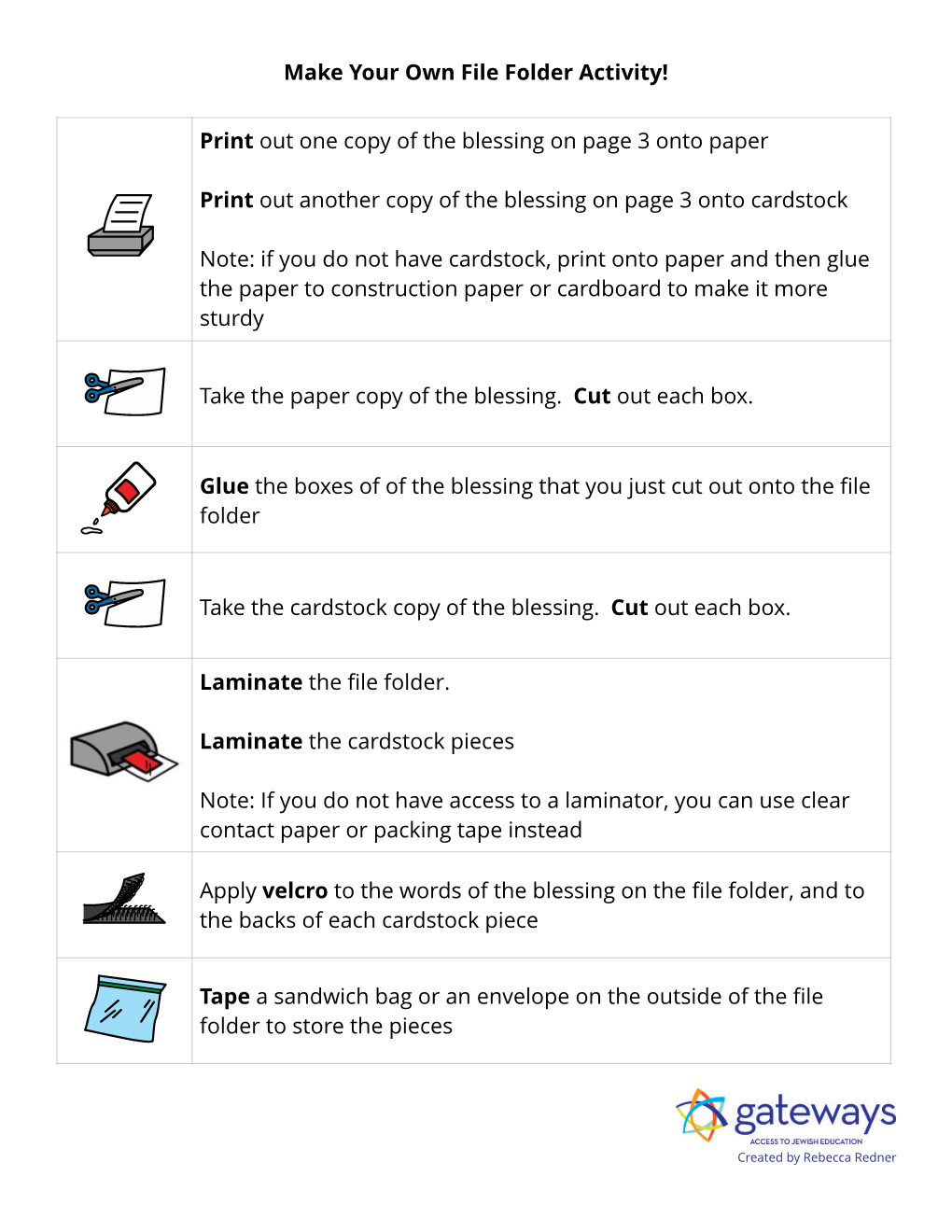 Make Your Own File Folder Activity! Print out One Copy of the Blessing