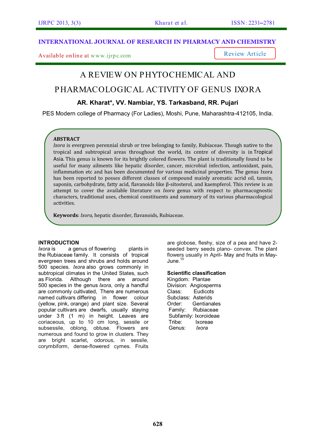 A Review on Phytochemical and Pharmacological Activity of Genus Ixora Ar