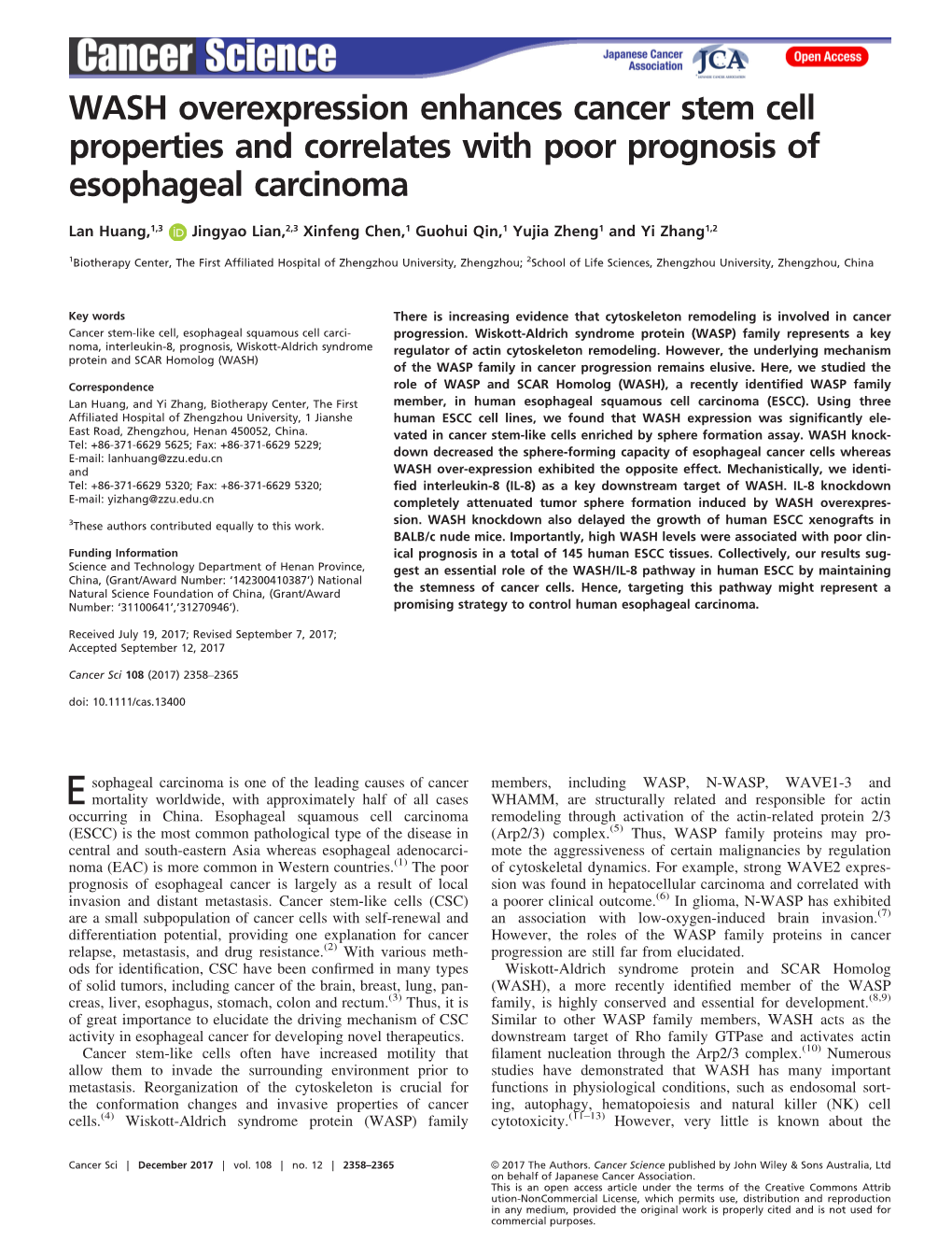 WASH Overexpression Enhances Cancer Stem Cell Properties and Correlates with Poor Prognosis of Esophageal Carcinoma