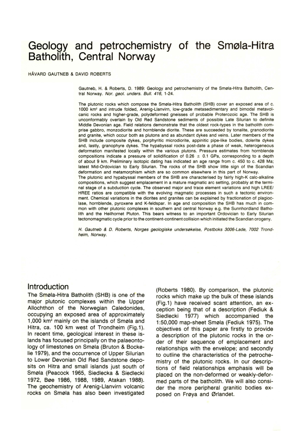 Geology and Petrochemistry of the Smela-Hitra Batholith, Central Norway