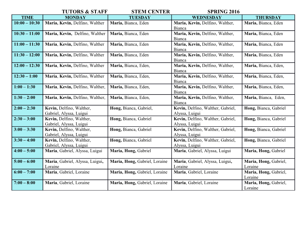 Tutors & Staff Stem Center Spring 2016